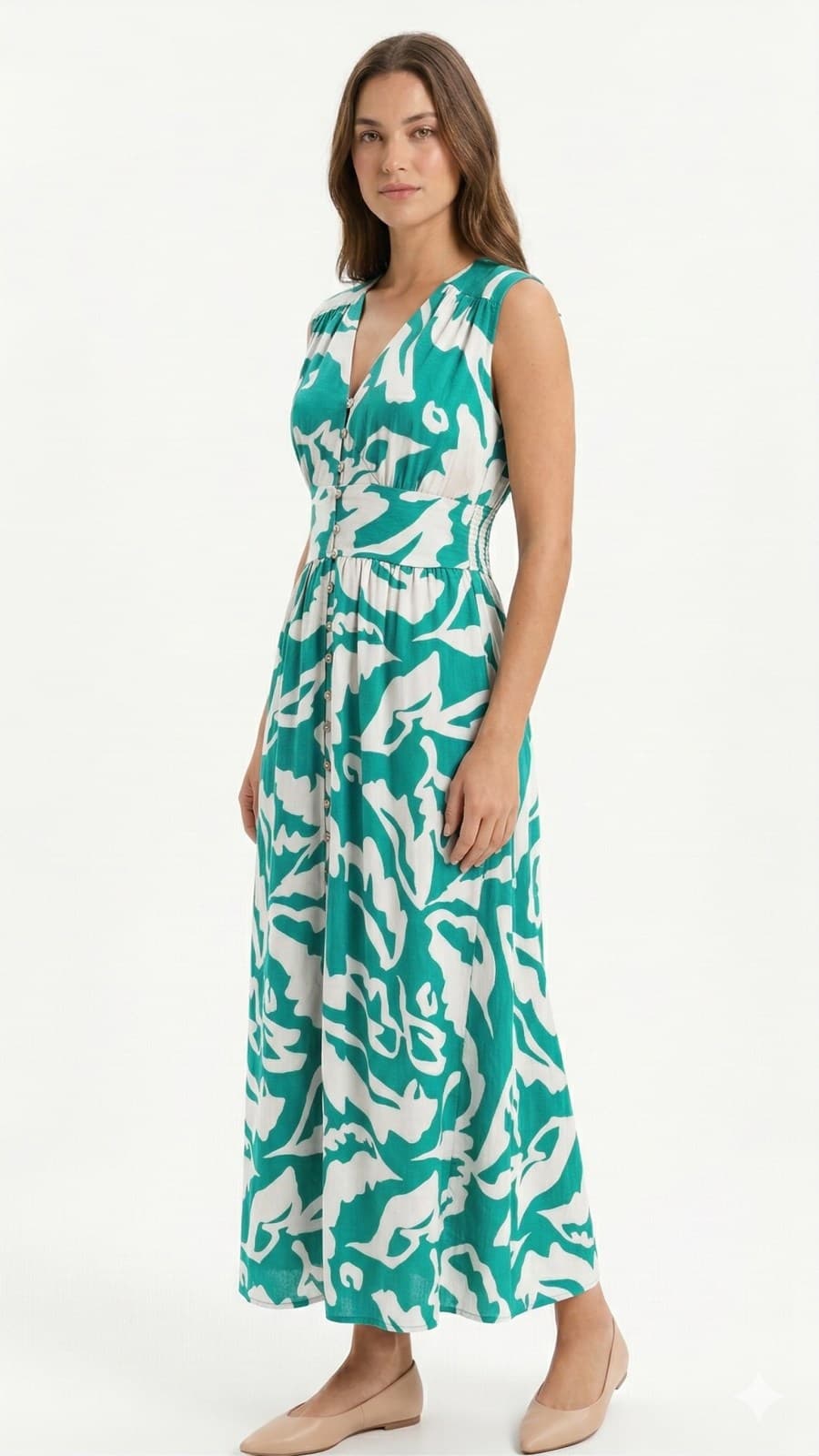 Vestido cuello v con botones de lino viena